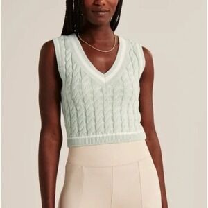 Abercrombie & Fitch Cable‎ Knit Crop Sweater Vest Pullover Green Old Money Y2K